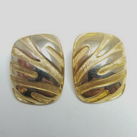 Vintage Retro Gold Tone Stud Earrings, Zig Zag Rectangle Design, 80s Style - Picture 1 of 6
